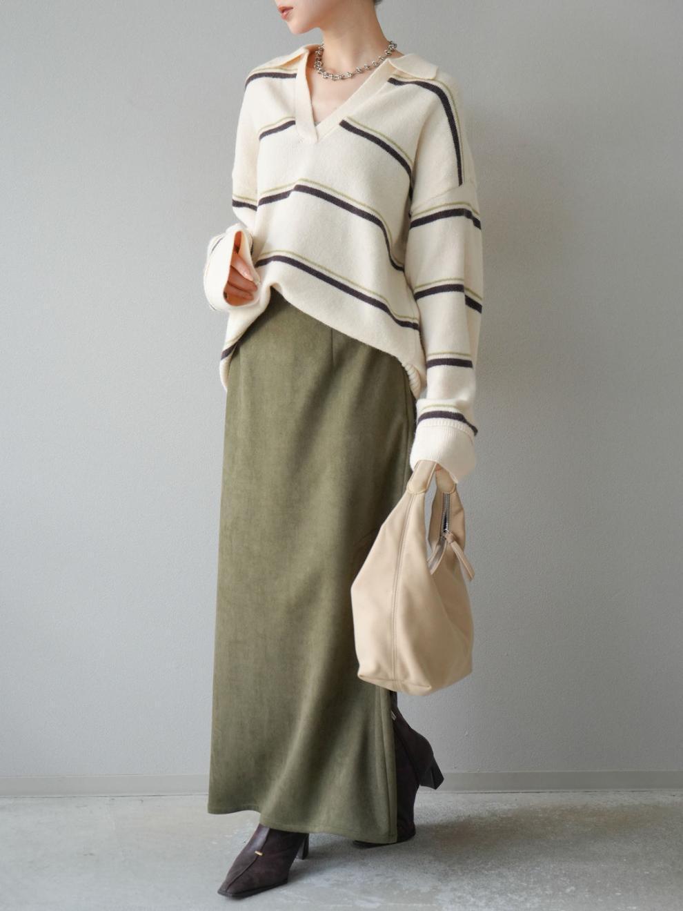 【tops】Ⅴネックボーダー柄ニットトップス N3430
