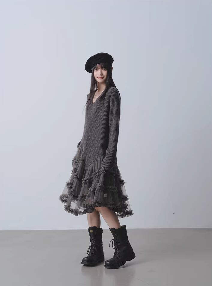 【dress】チュールドッキングウールワンピース Q7963