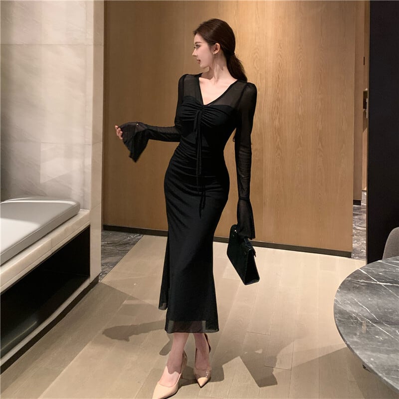 【dress】Vネックチュールワンピース Q7873