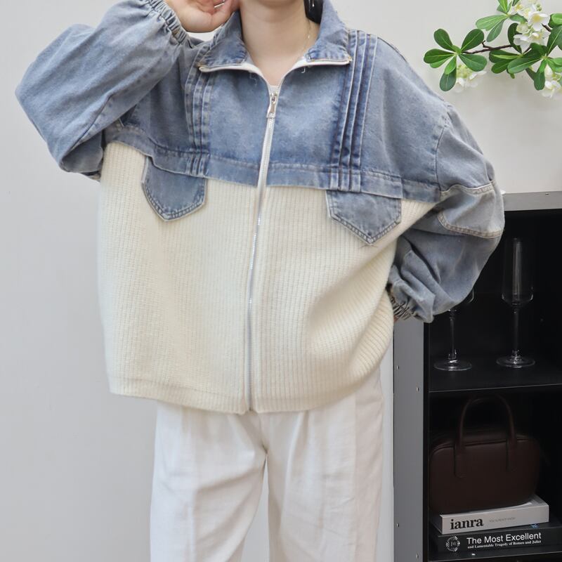 【outer】ニットドッキングデニムジャケット Q6497