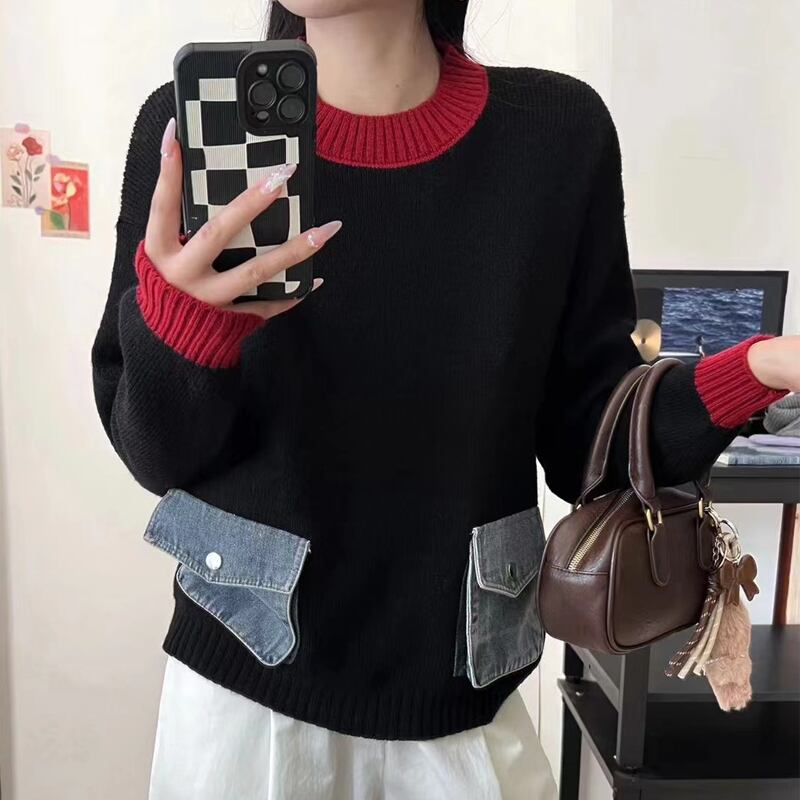 【tops】デニムポケット付きセーター Q6363