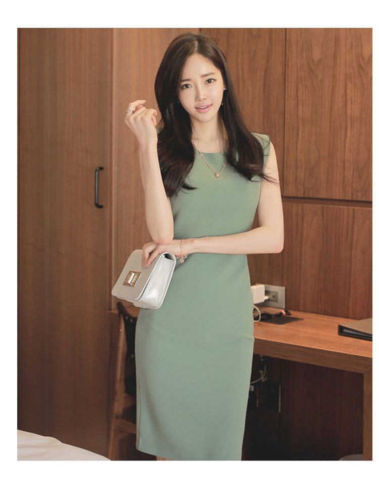 【dress】高級感!気質満点OL通勤レトロ タイト ノースリーブ スリット ワンピース G0893