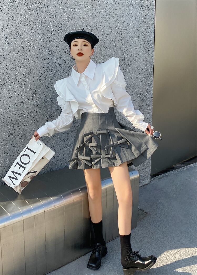 【tops】POLOネック長袖パフ袖ブラウスF7056