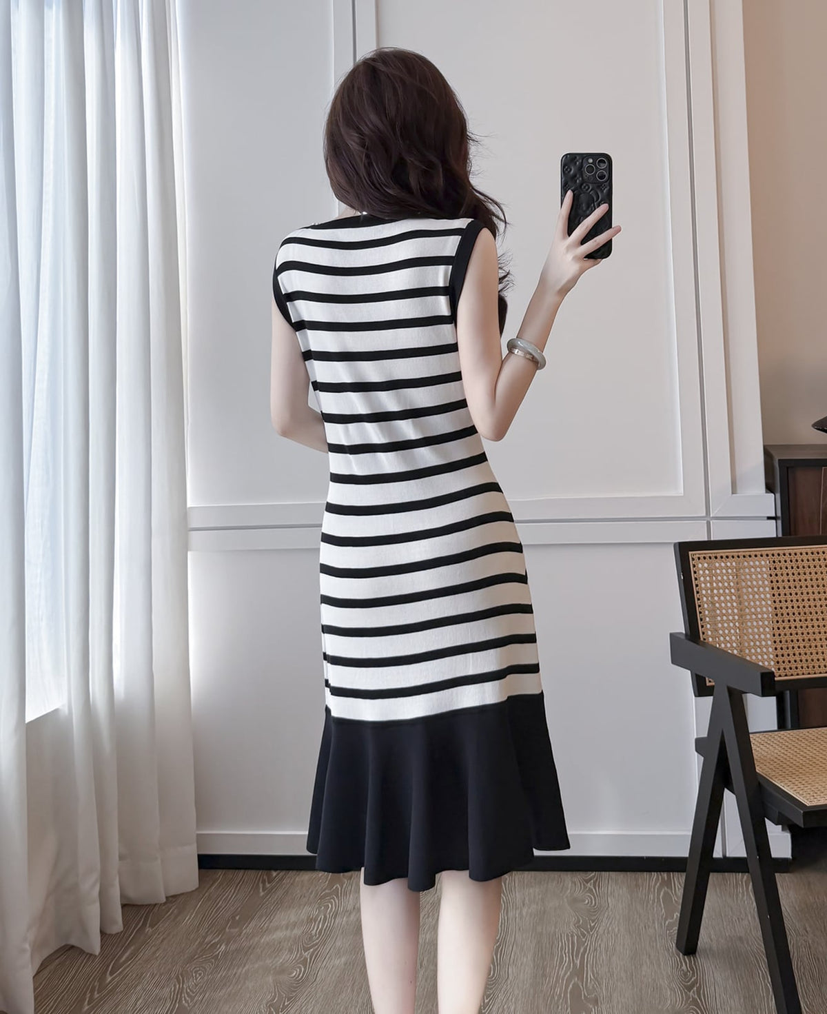 【dress】ノースリーブボーダー柄ニットワンピース Q8491