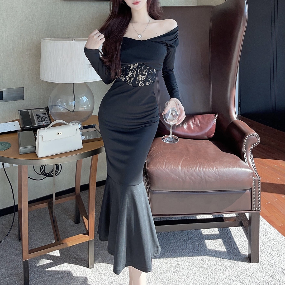 【dress】ウエストレースマーメイドワンピース　N2729