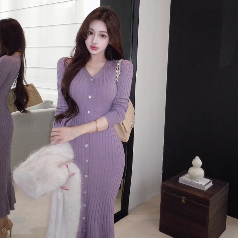 【dress】Vネックニットワンピース Q7651