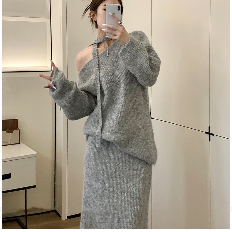 【set】チョーカー付ニットトップス×ロングスカートセット　N2774