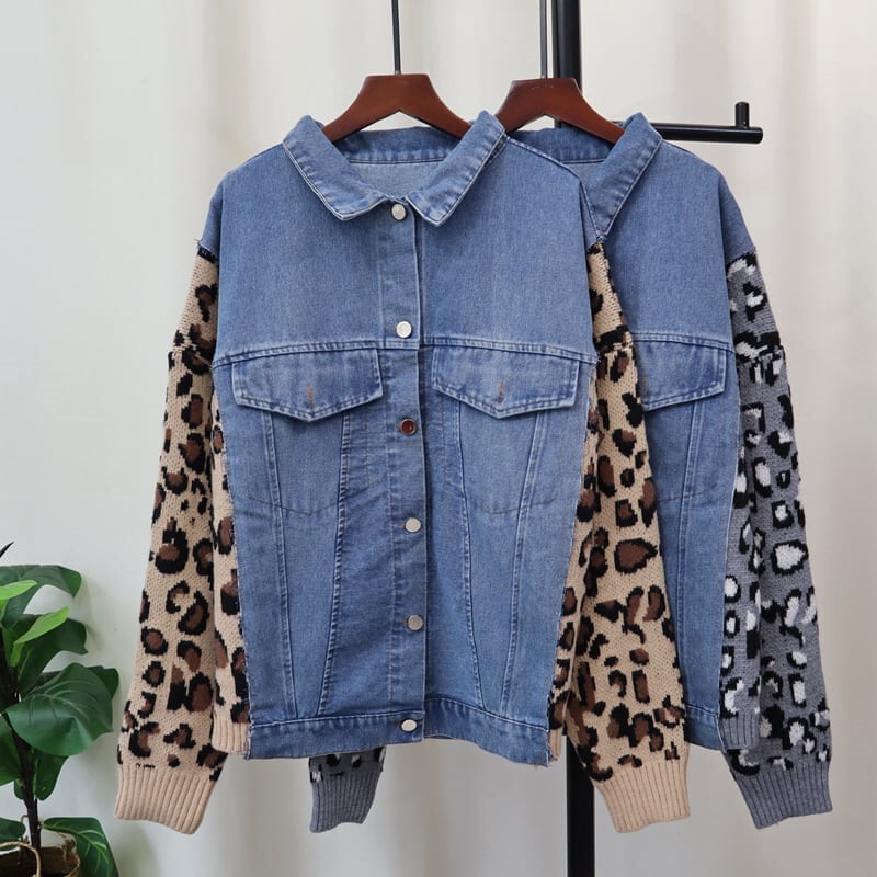 【outer】ニットヒョウ柄スリーブデニムジャケット　M26764