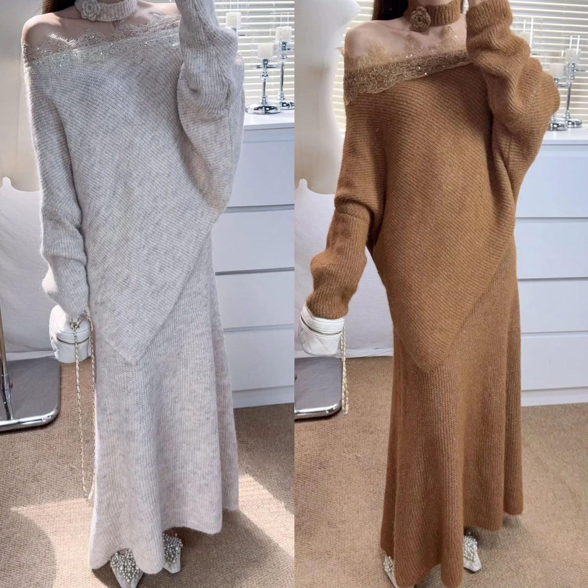 【set】レースドッキングニットトップス×ロングスカートセット Q6952