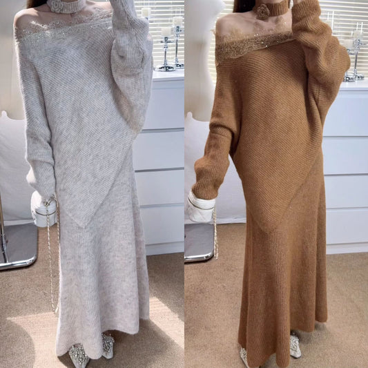 【set】レースドッキングニットトップス×ロングスカートセット Q6952
