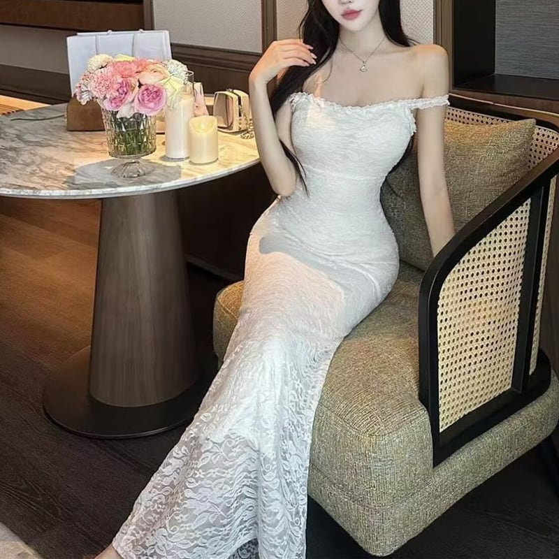 【dress】オフショルダーレースロングワンピース Q8189