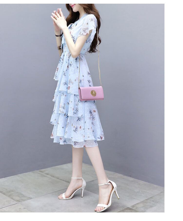 【dress】清新スウィート〜タイカラーフレアスリーブ韓国風ギャザー花柄ワンピースF0296