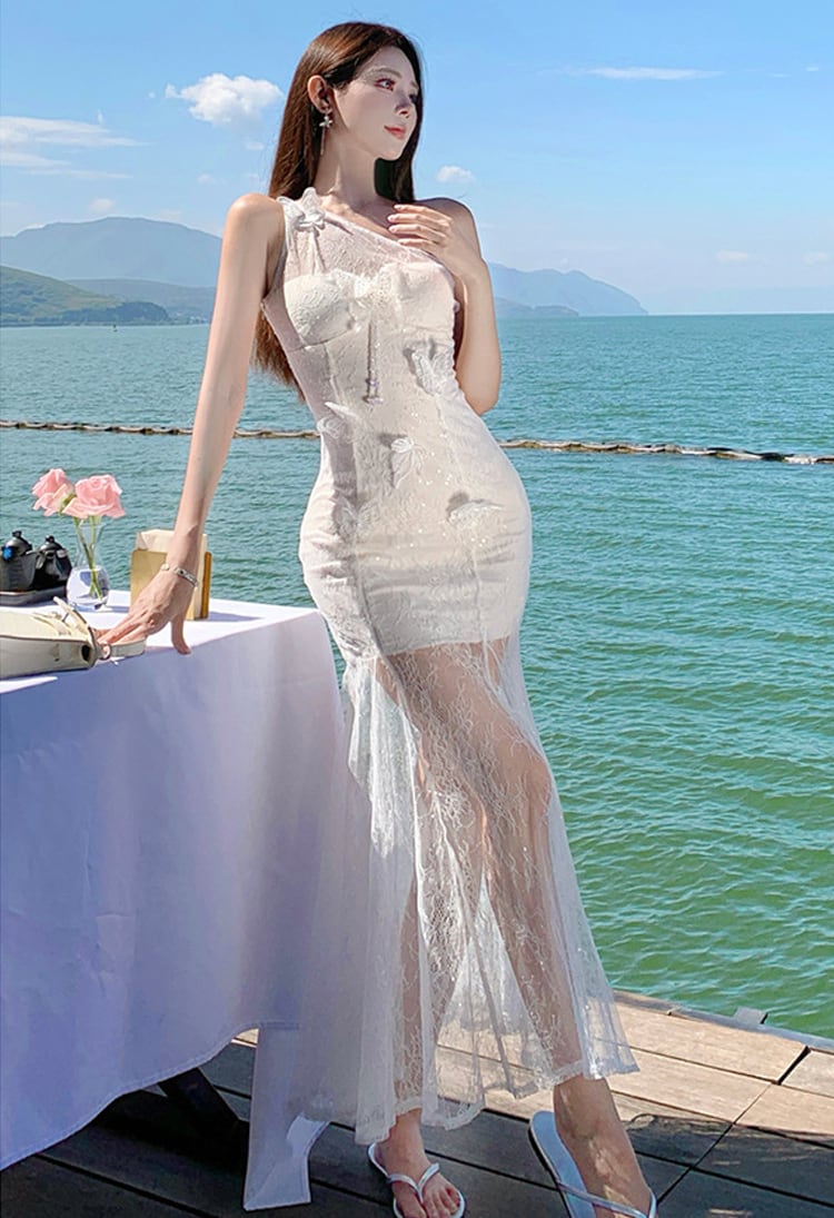 【dress】ワンショルダーレースマーメイドワンピース Q7975