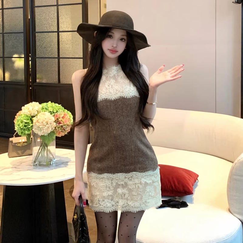 【dress】ノースリーブレースドッキングワンピース Q8023