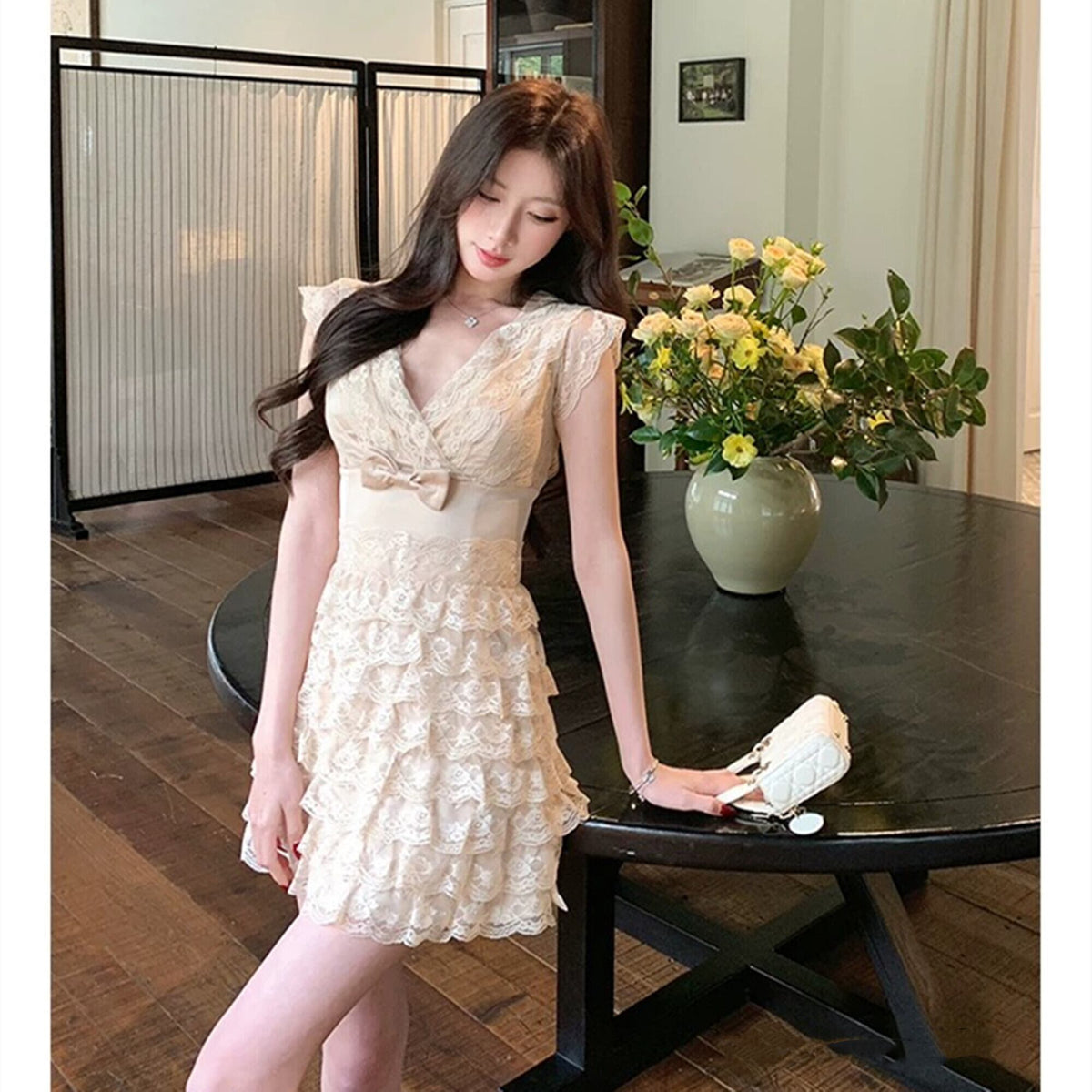 【dress】リボン付きティアードミニワンピース　N3556