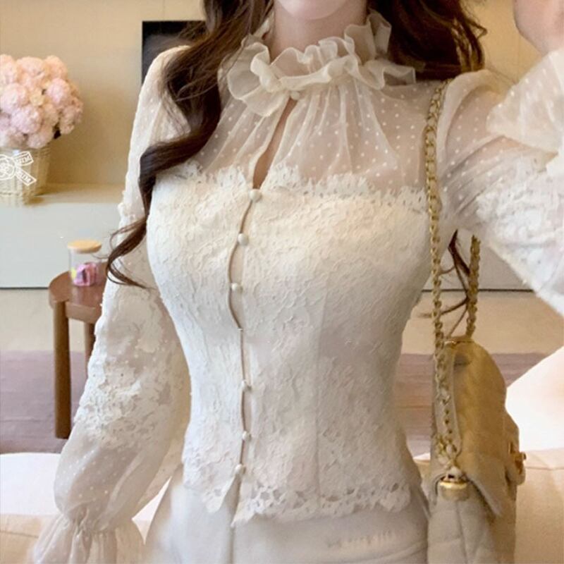 【tops】ギャザーフリルレースドッキングシャツ Q7583