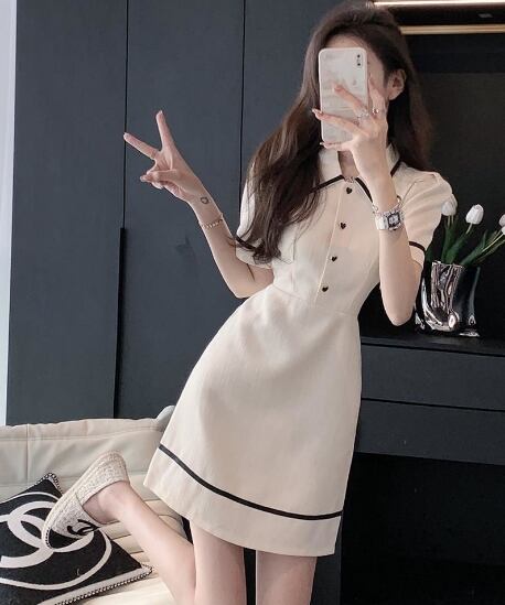 【dress】気質溢れる♪POLOネック半袖韓国ファッション人気配色AラインワンピースF5483