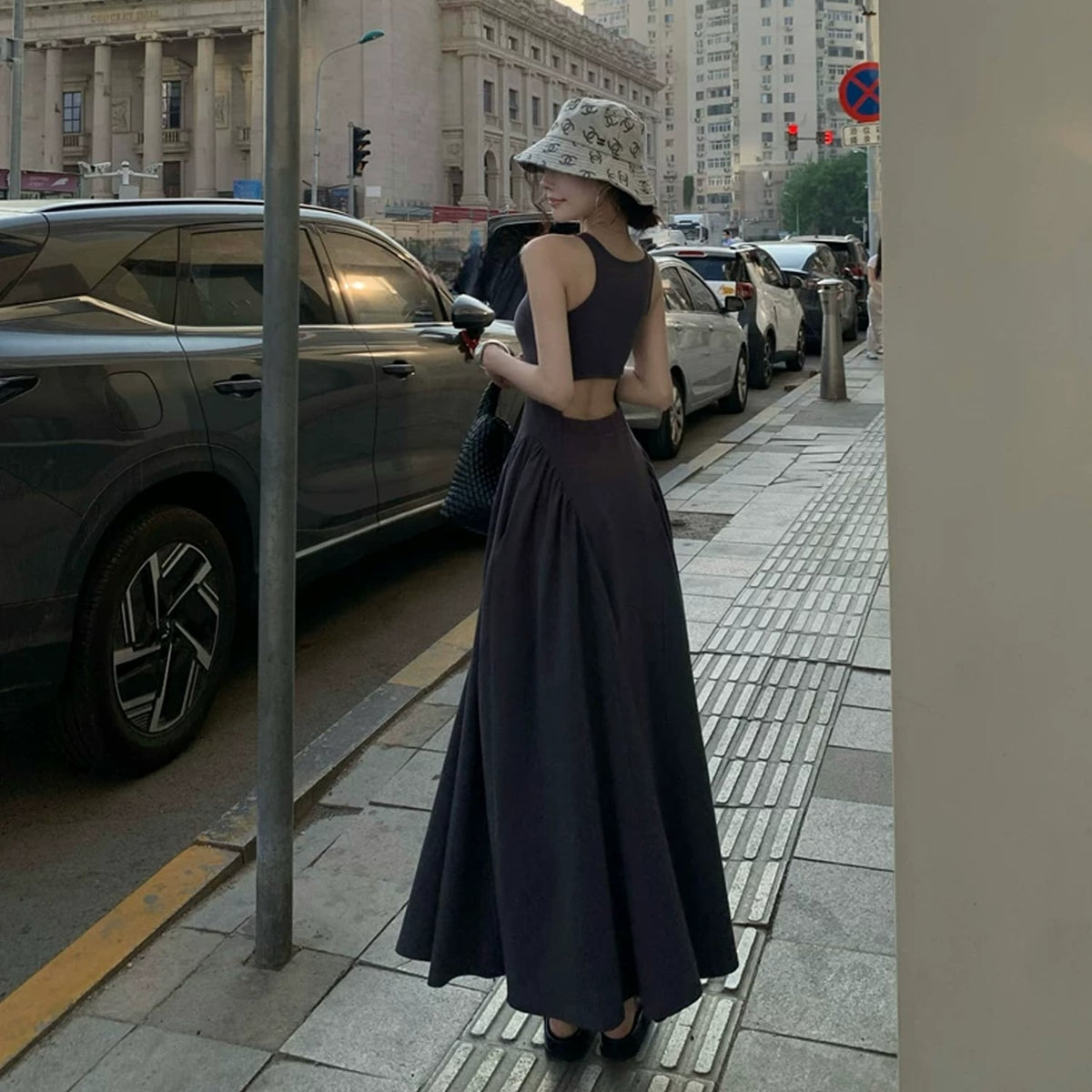 【dress】バックオーポンロングベストワンピース Q8498