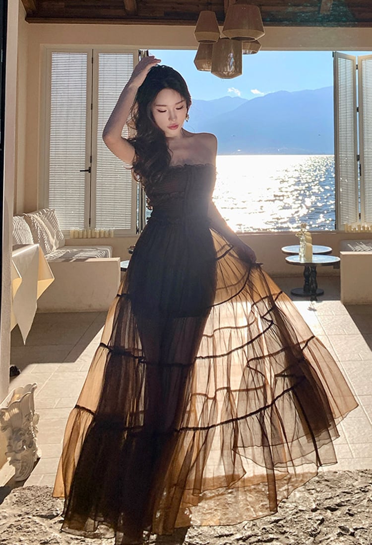 【dress】ホルターネックシアーチュールロングワンピース Q8483