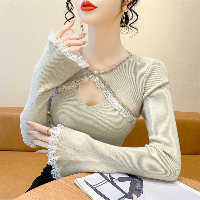 【tops】ビジューレース切り替えニットトップス　M27966