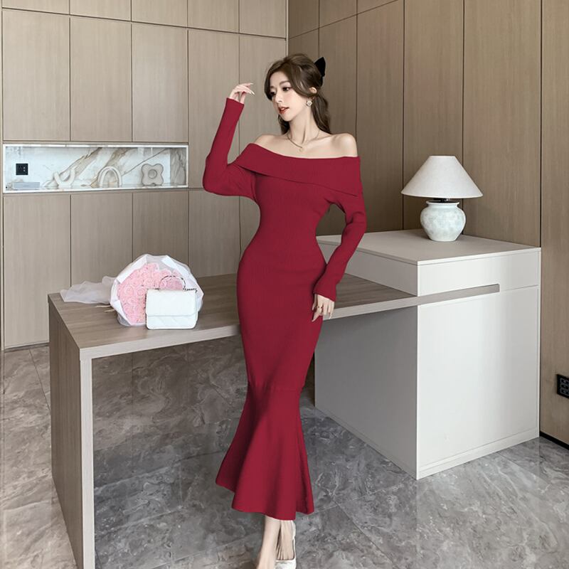 【dress】オフショルダーマーメイドニットワンピース Q7221