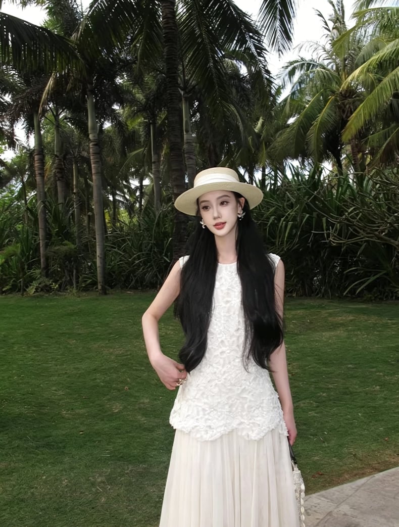 【dress】ノースリーブレースドッキングロングワンピース Q8466