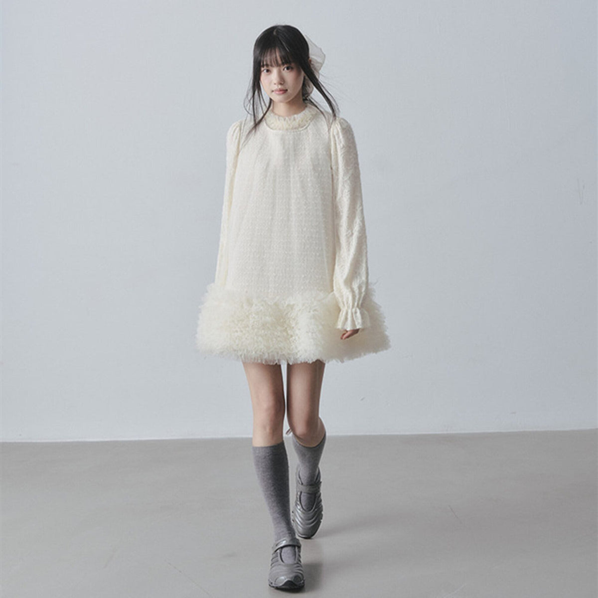 【dress】チュールフリルツイードノースリーブミニワンピース　N3523