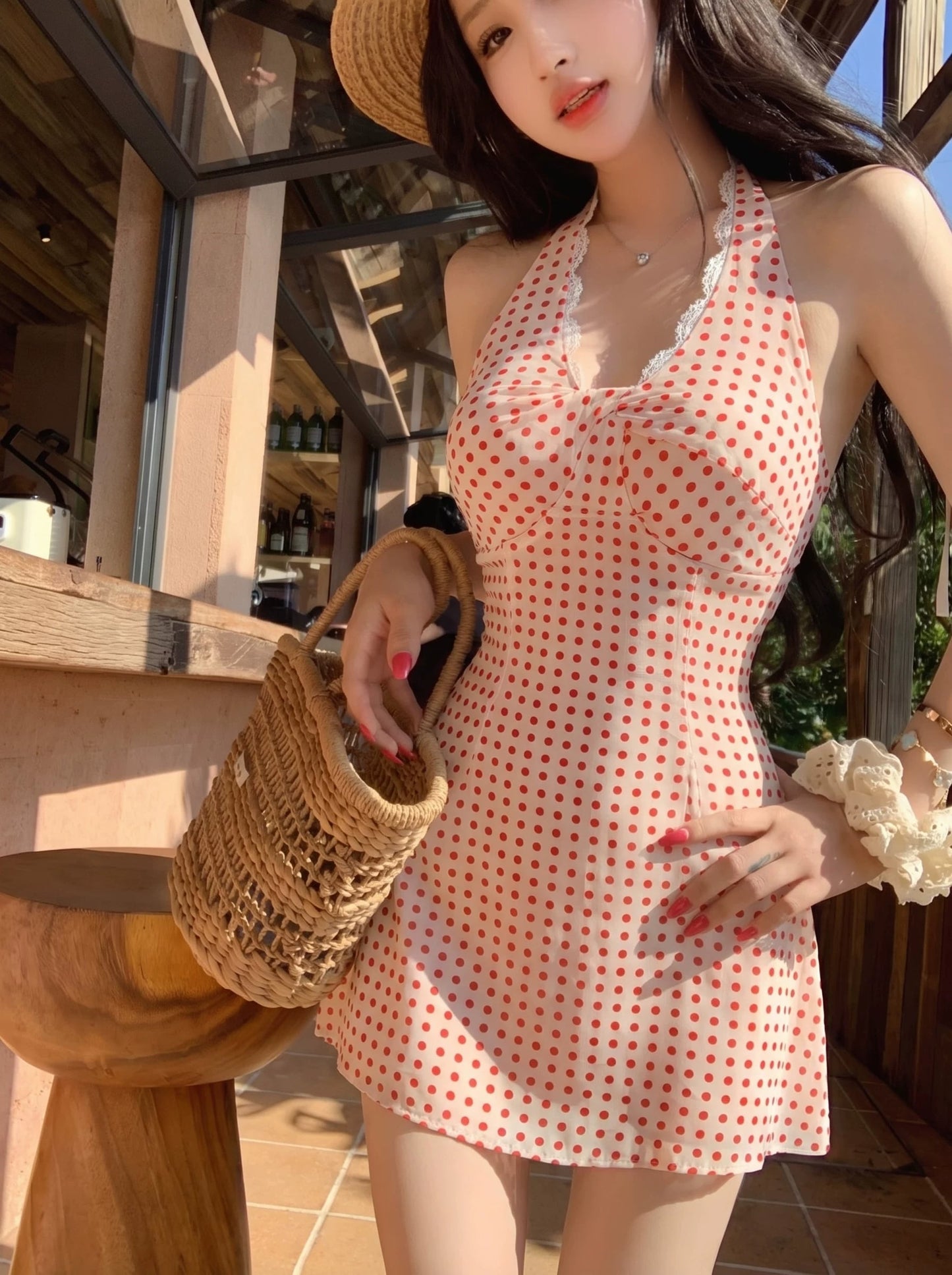 【dress】ドット柄ホルターネックミニワンピース Q8497
