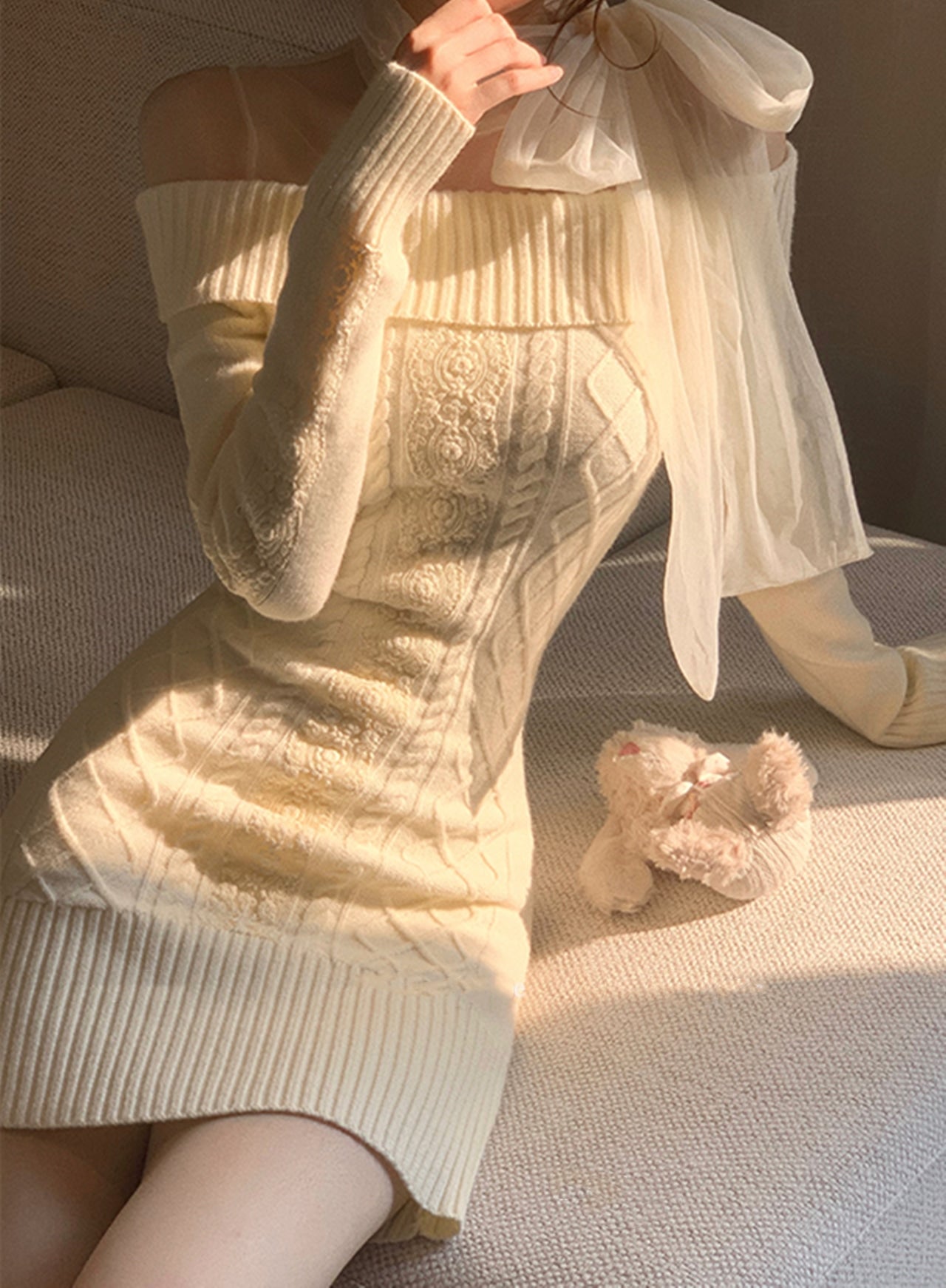 【dress】チュールドッキングリボンニットワンピースF8471