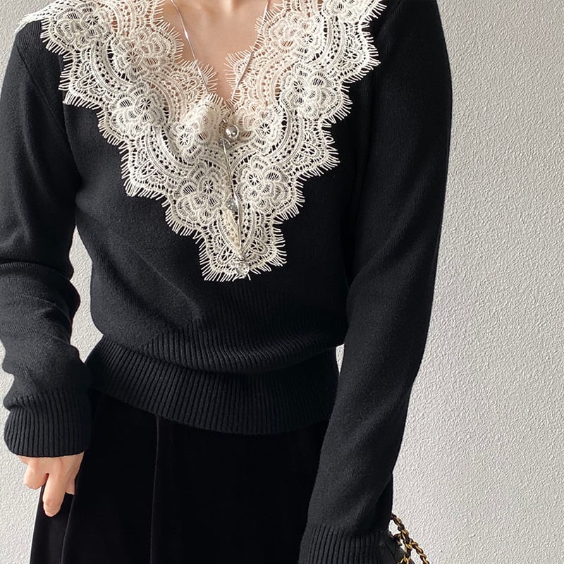 【tops】Vネックレースドッキングニットトップス Q7241