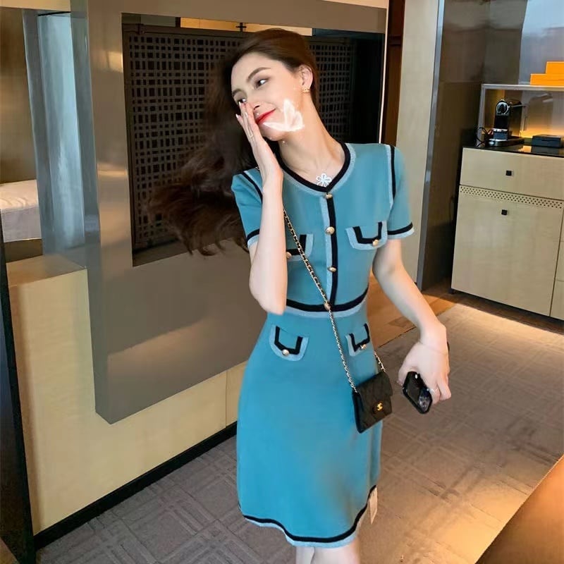 【dress】一目惚れ！2022夏新作韓国ファッションラウンドネック半袖配色薄手ニットセレブワンピースF2446