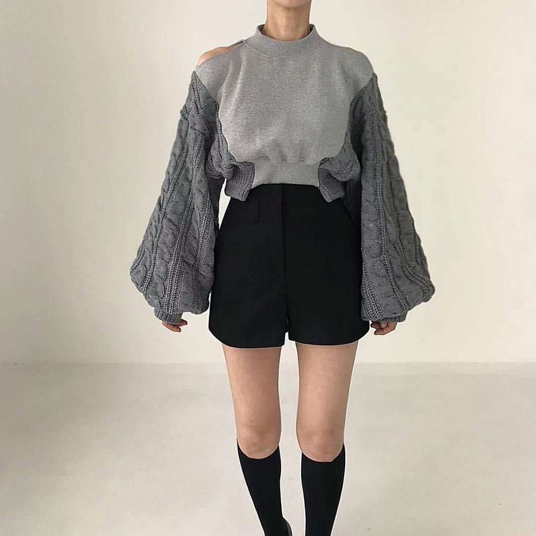 【tops】ニット切り替えオフショルダープルオーバー　M26064