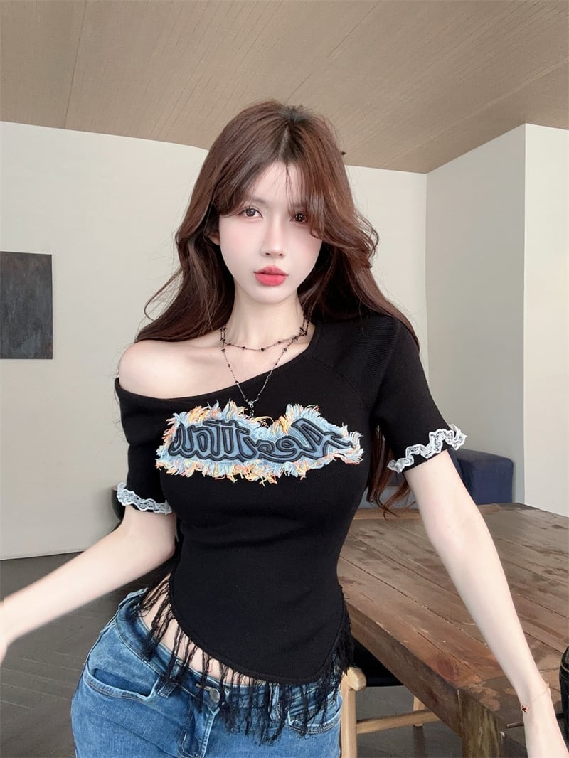 【tops】フリンジニットTシャツトップスG21341