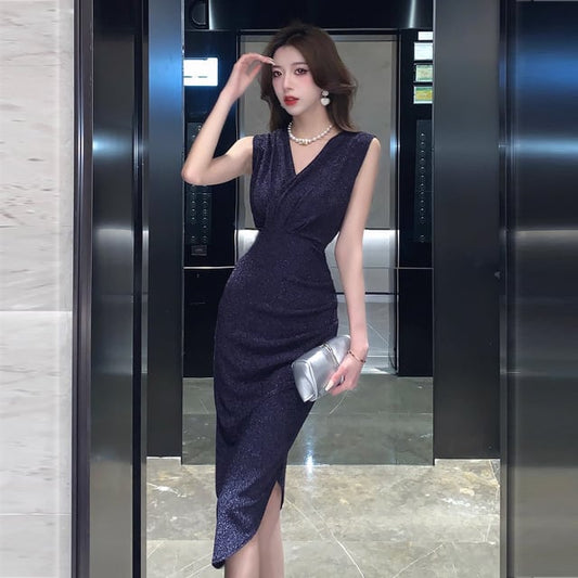 【dress】VネックスリットタイトワンピースF7321
