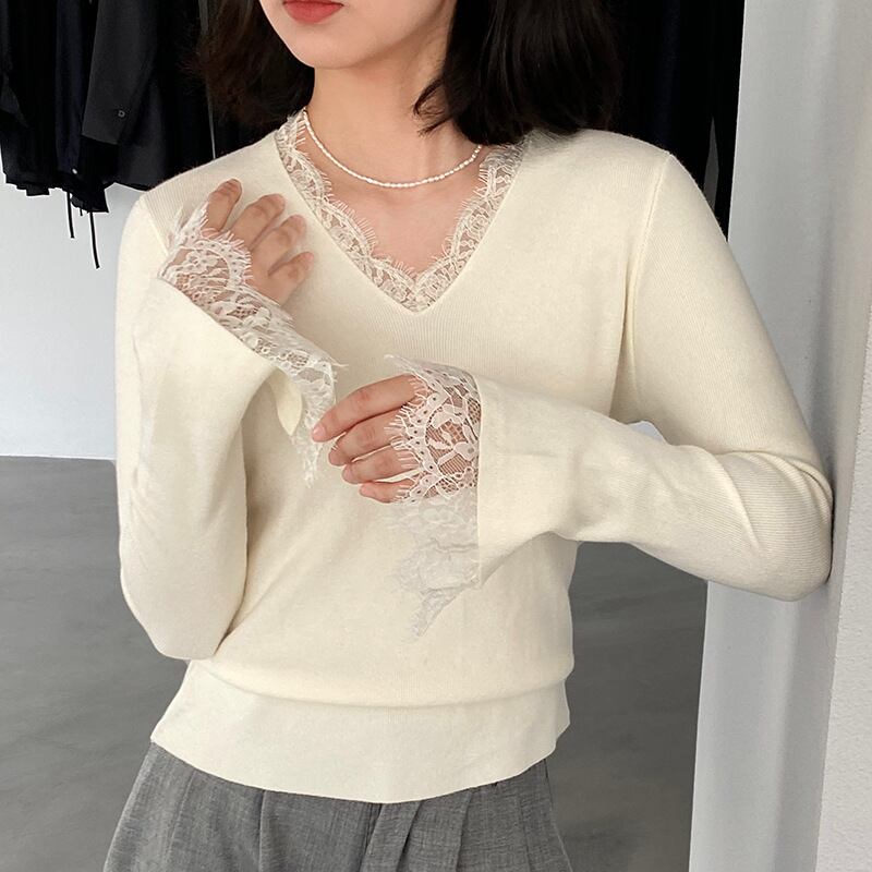 【tops】レースドッキングニットトップス Q7236