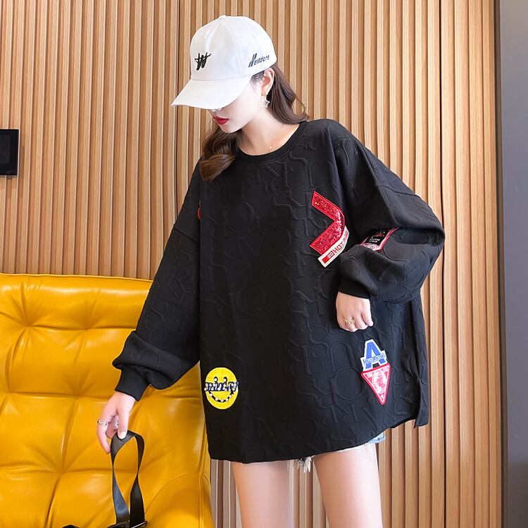 【tops】必ず目を引くラウンドネック個性派長袖配色ゆったりパーカーW0106