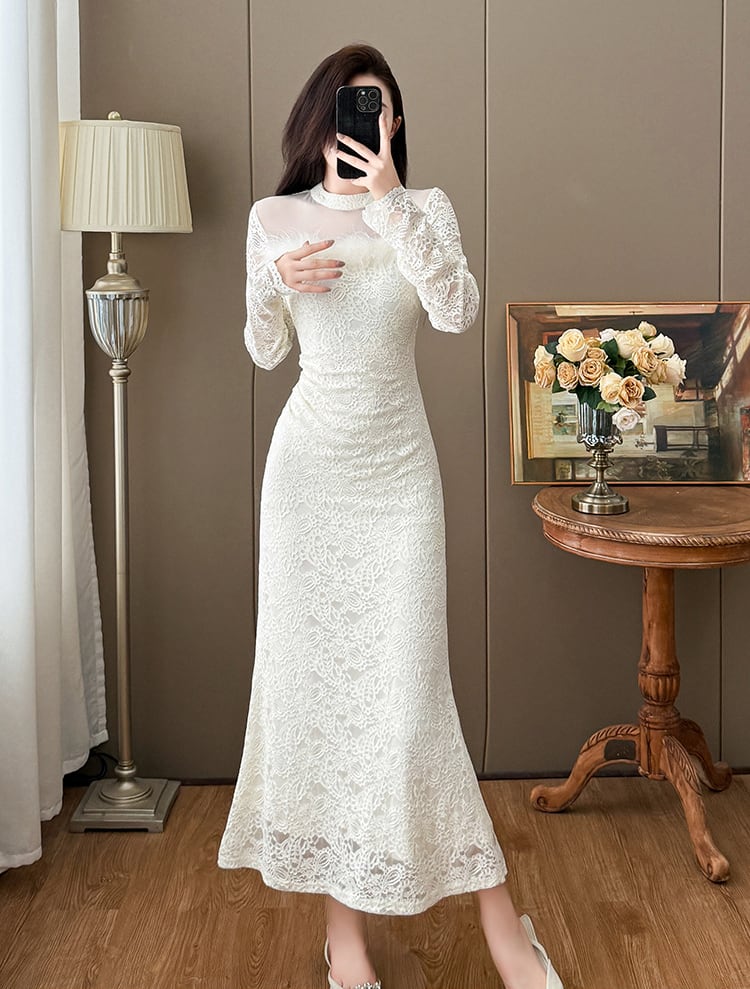 【dress】ファー付きレースワンピース Q7498