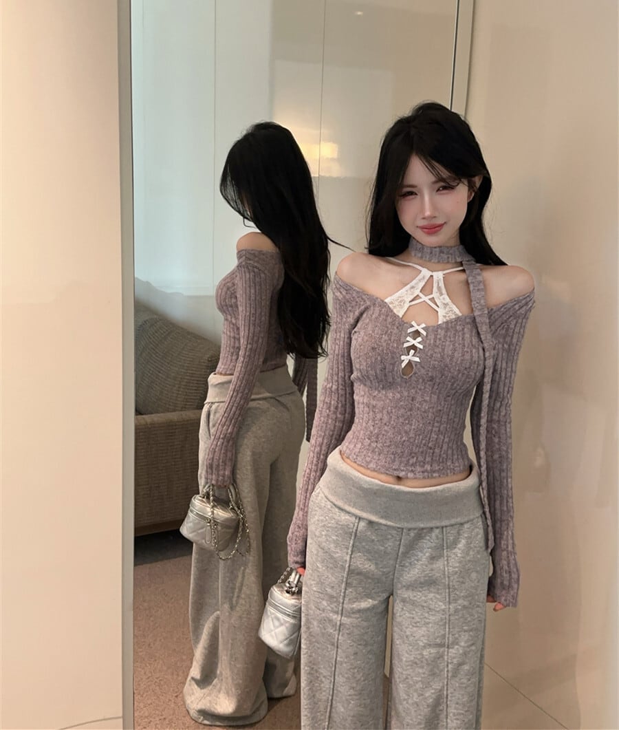 【tops】レース切り替え長袖Tシャツ　M28397