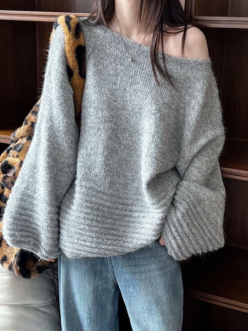 【tops】オフショルダーバルーンスリーブニットトップス　N2911