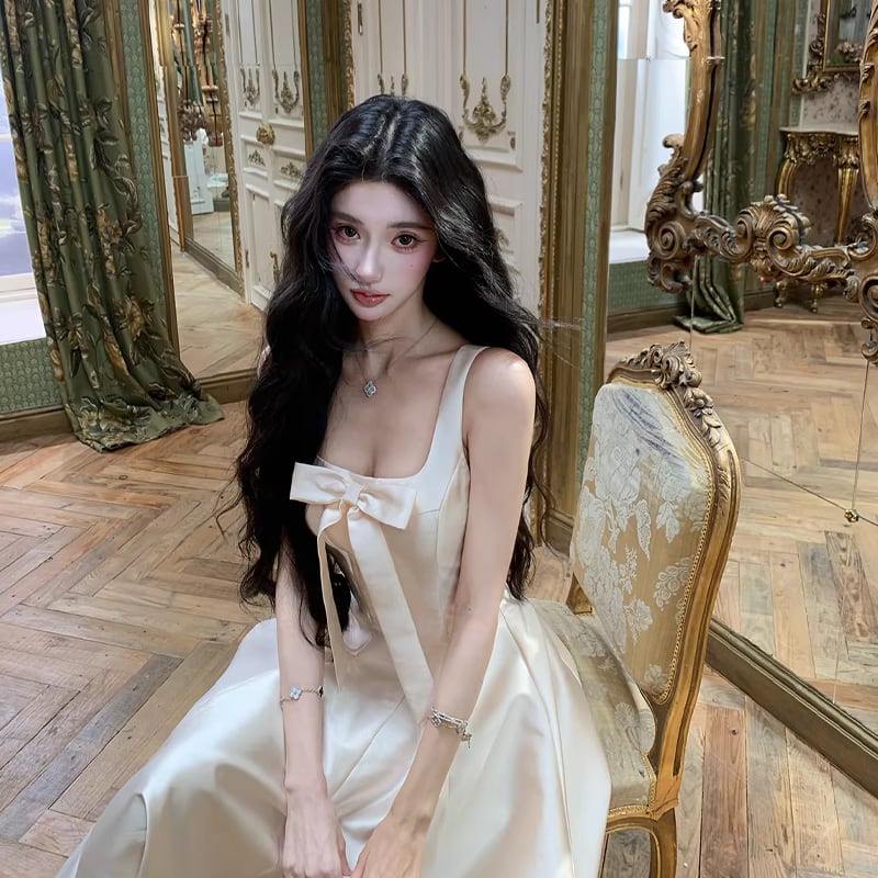 【dress】リボン付きフレアロングキャミワンピース Q8380