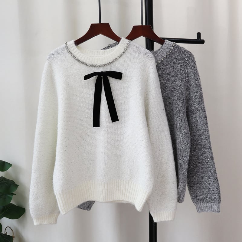 【tops】ビジューリボン付きニットセーター　M28375