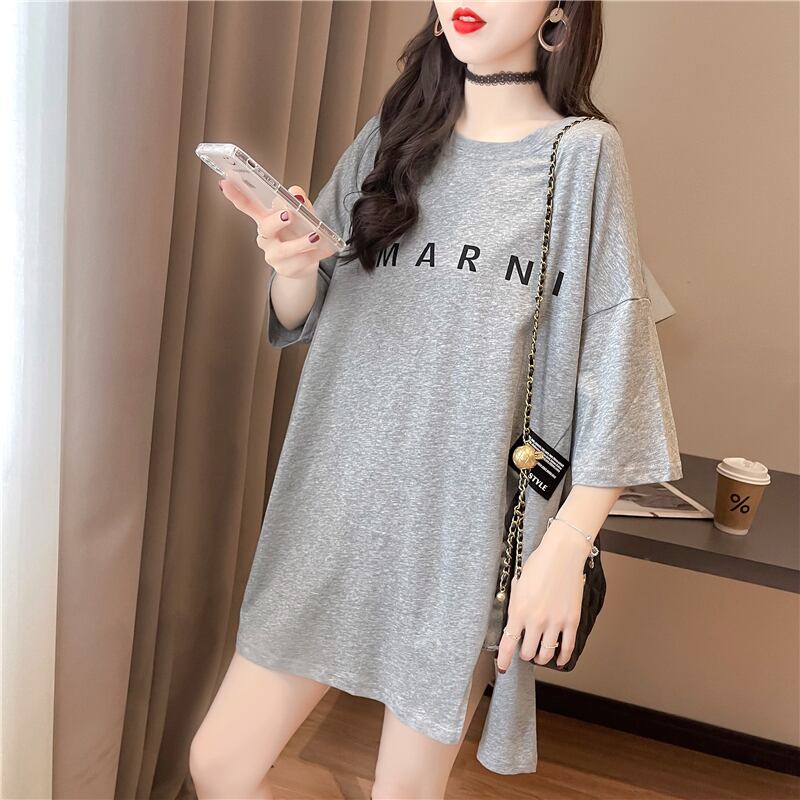 【tops】ラウンドネック半袖大きいサイズゆったりスリットTシャツF0074