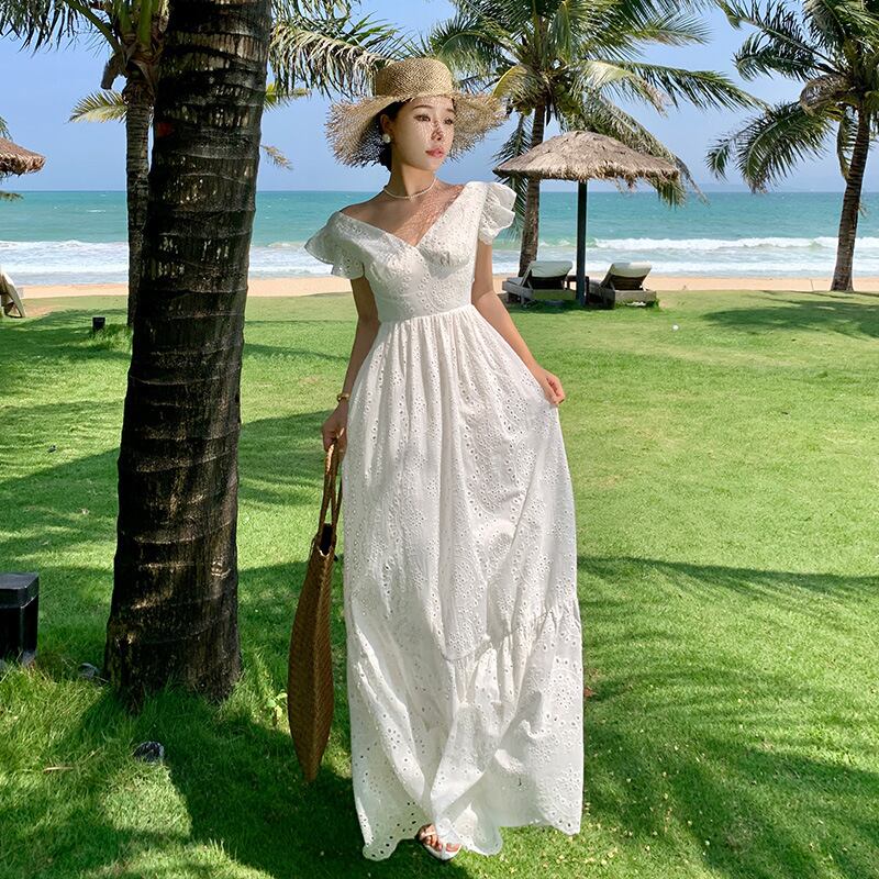 【dress】Vネック透かし彫り海旅行ワンピースF6080