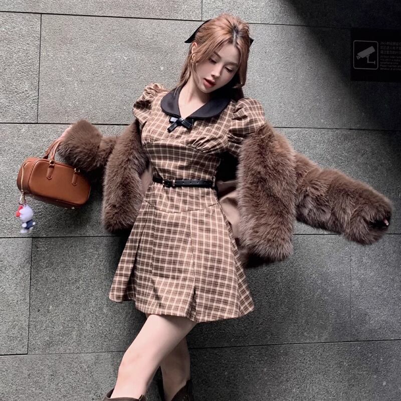 【dress】チェック柄ピーターパンカラーワンピース Q7342
