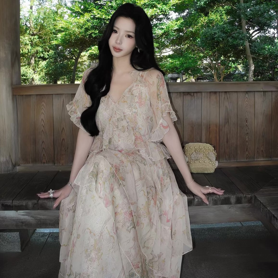 【dress】フリルプリントロングワンピース  N3575