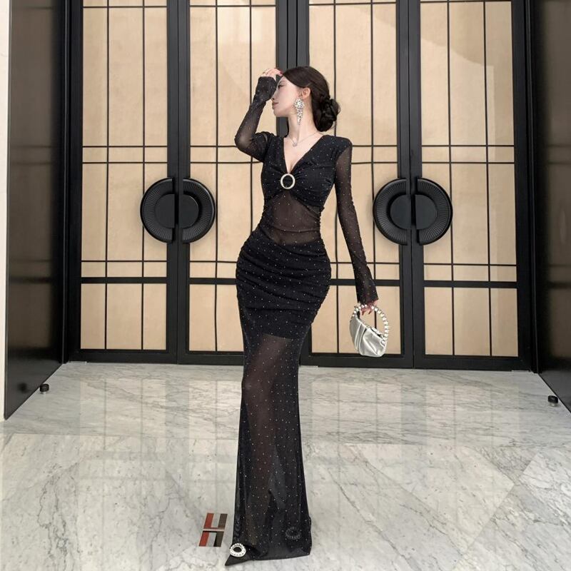 【dress】チュールドッキングロングワンピース Q7422