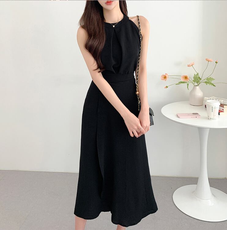 【set】ラウンドネック無地タンクトップ+スカート通勤日常セットアップF5158