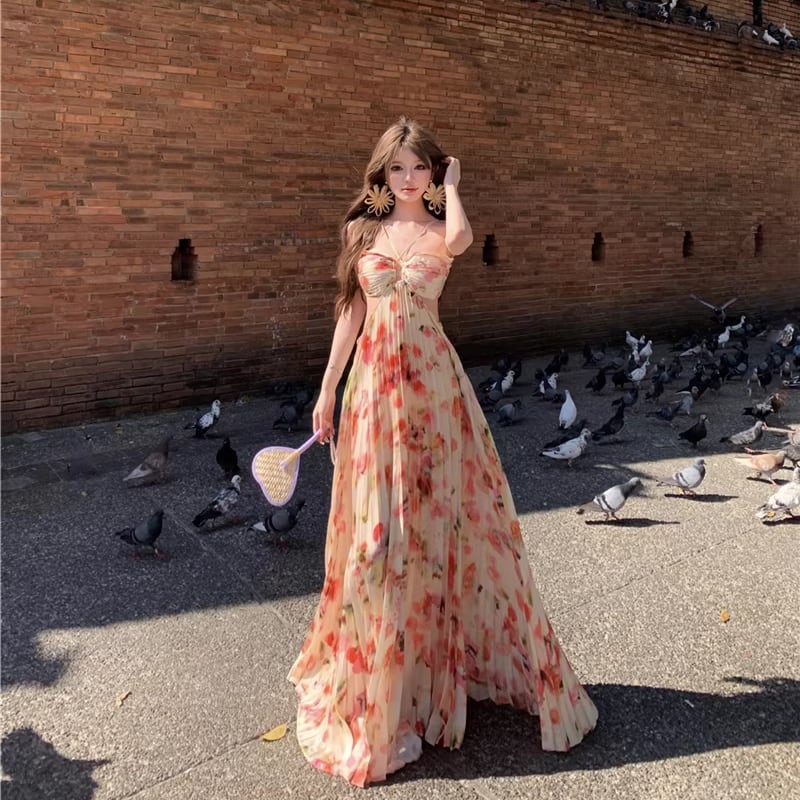 【dress】ホルターネックバックオーポンロングプリーツワンピース Q8371