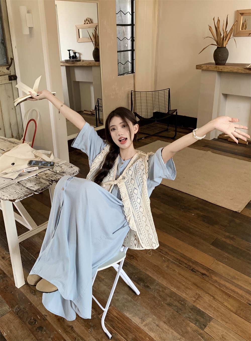 【set】レースカットワークベスト×シャツワンピースセット　M25318