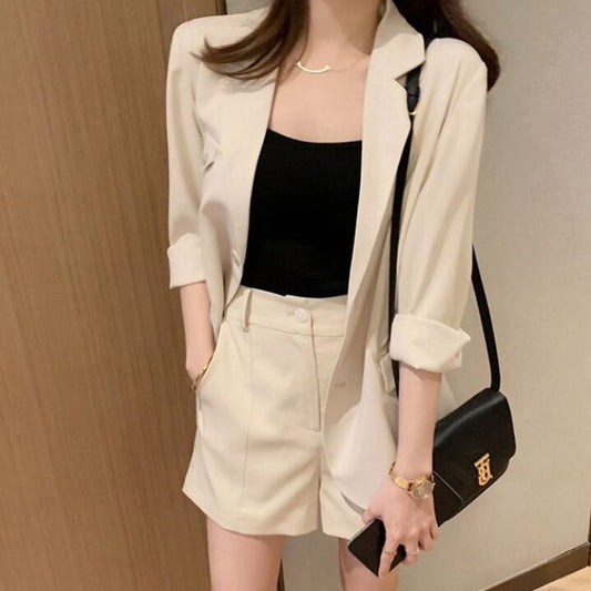 【set】今季大好評ラペル無地スーツ＋ポケット付きショートパンツ着痩せおしゃれ2点セットF0071
